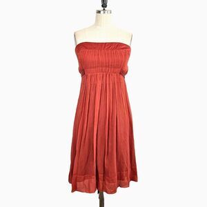 BCBG MaxAzria Dress Brick Red Strapless Empire Waist Silk Babydoll Pleated SZ 12
